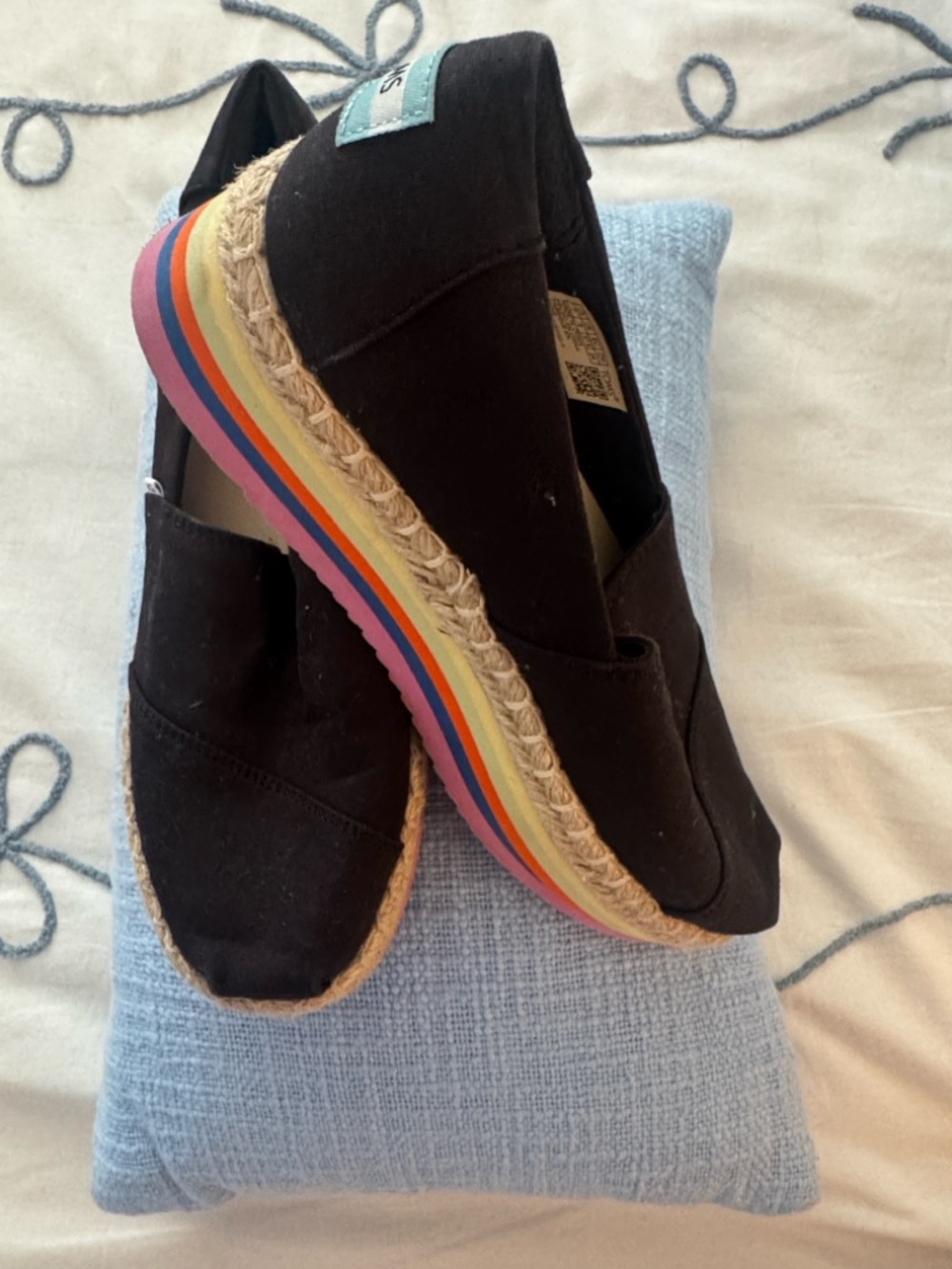 Toms Black Espadrille Slip-Ons with Rainbow-Striped Sole